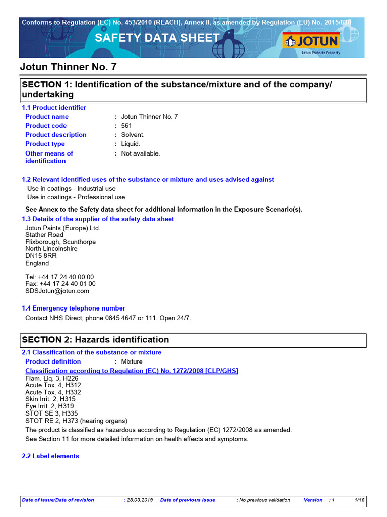 Msds Paint Thinner No 7 | PDF | Occupational Safety And Health