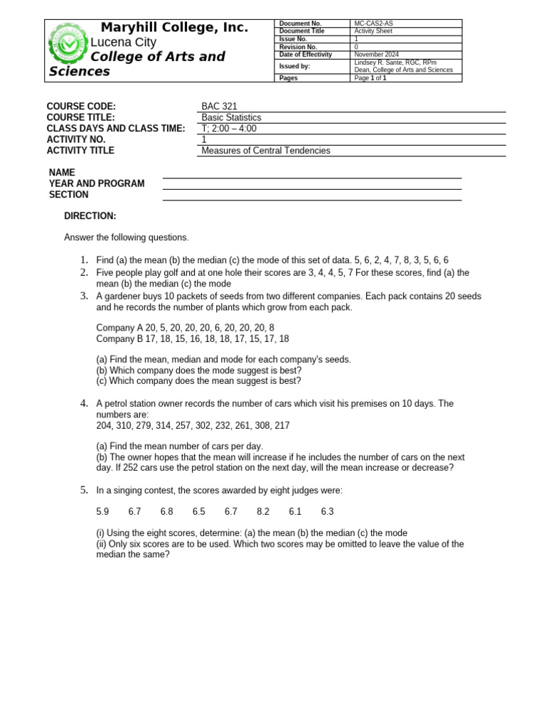 Mc-cas2-As Bac 321 Activity 1 | PDF | Statistical Analysis | Teaching ...