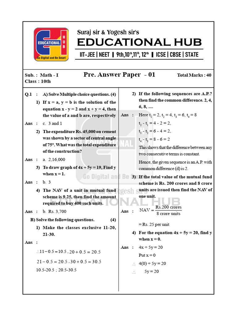 10th S.B. Prelim Math-I ANS | PDF | Mathematics