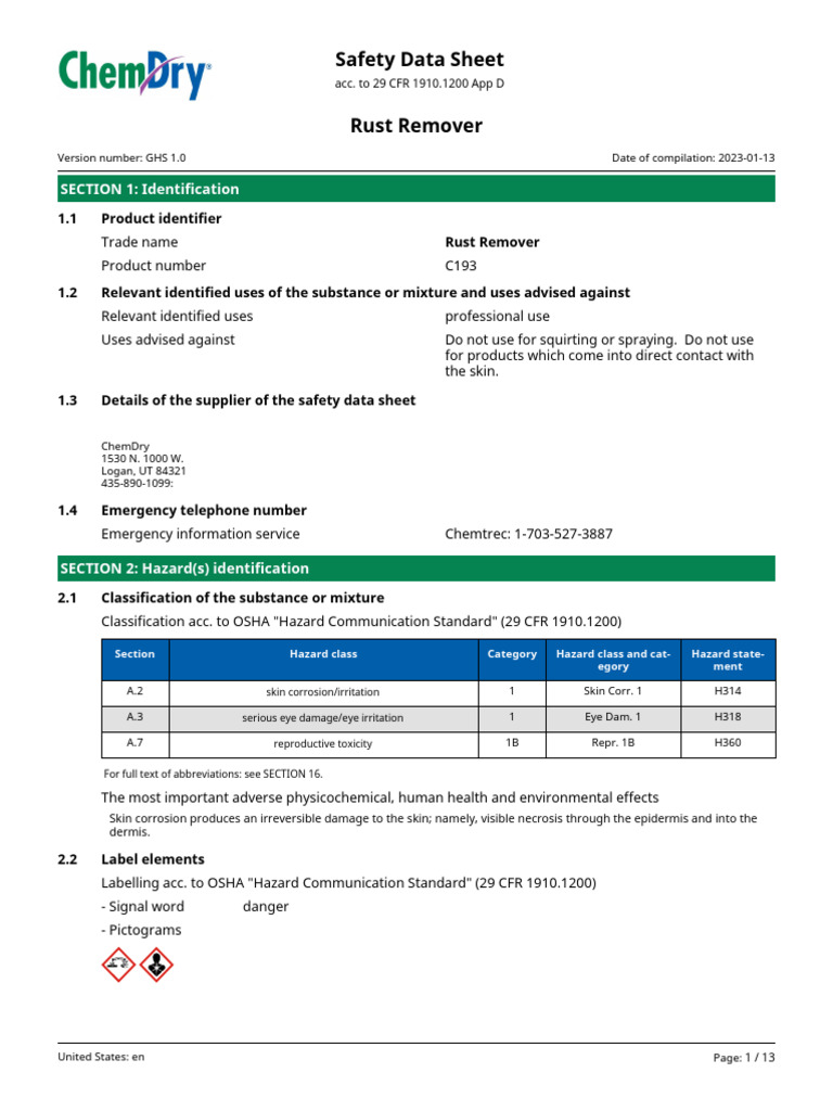 SDS Rust Remover US 7july2023 | PDF | Dangerous Goods | Toxicity