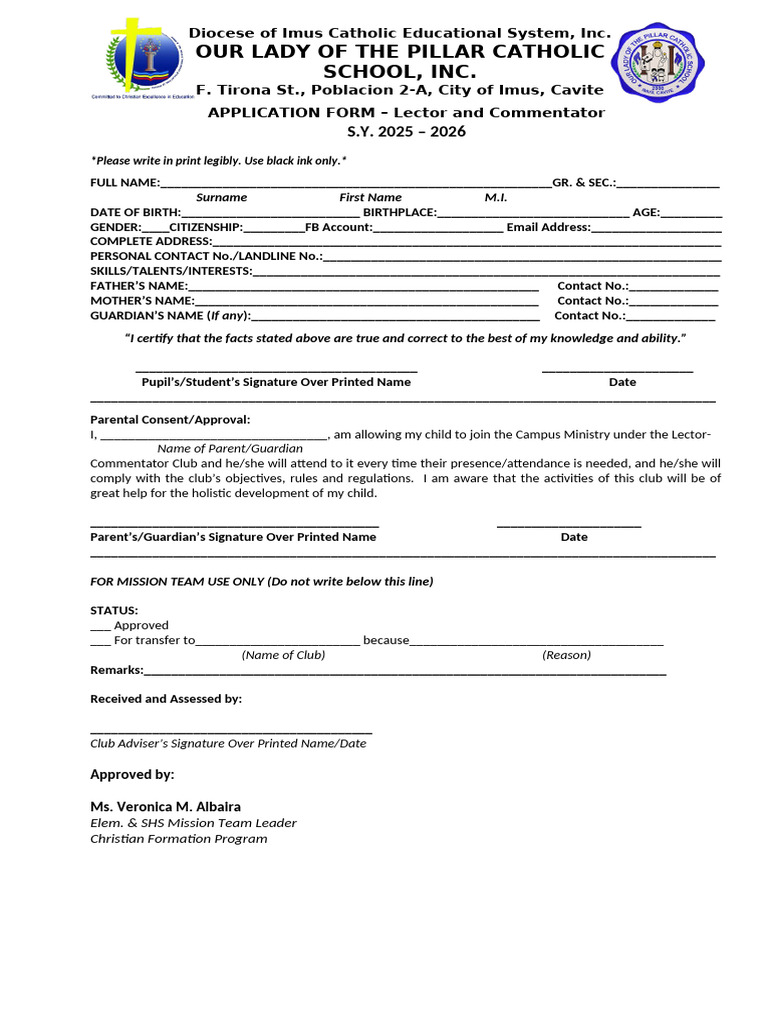 Campus Ministry Application Form 2025 | PDF