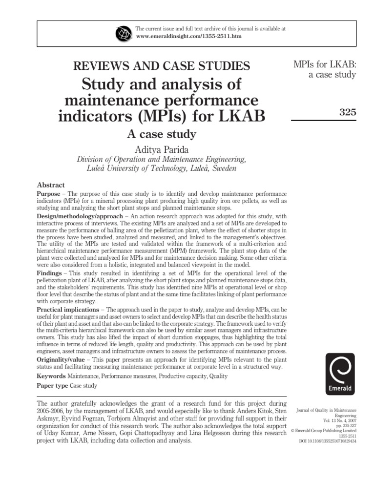 Study and Analysis of Maintenance Performance Indi | PDF | Performance ...