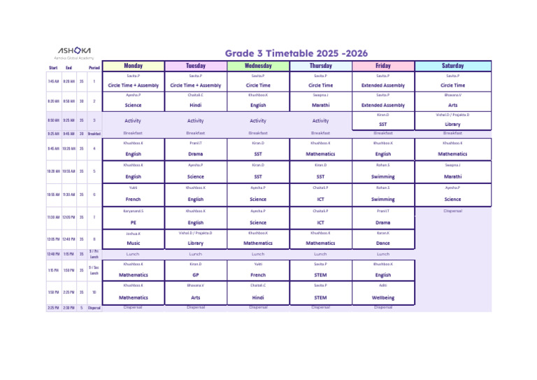 AGA Class Timetable 2025 - 2026 - G3-2 | PDF
