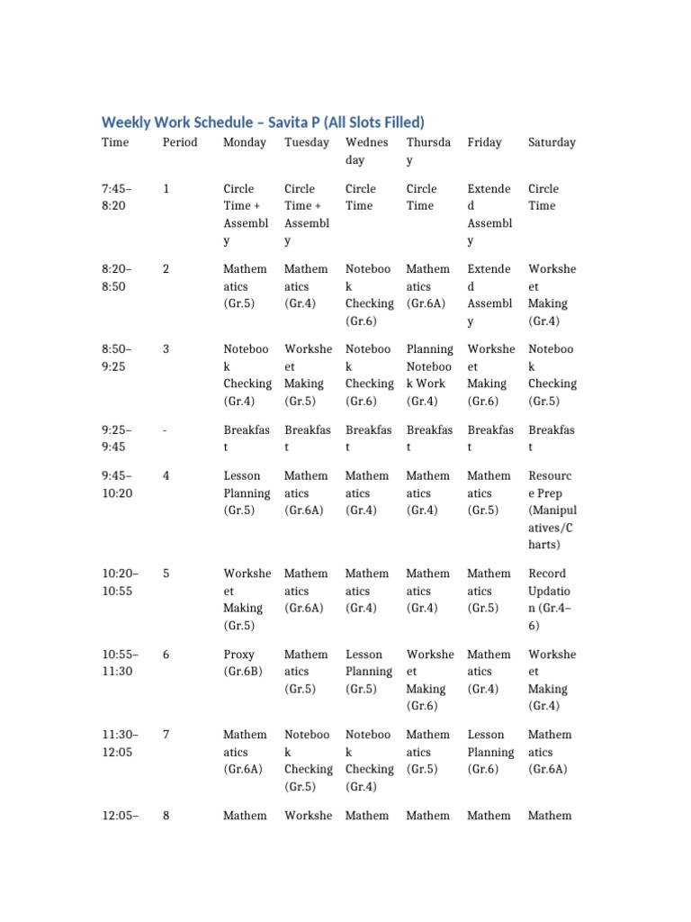 Savita Full Weekly Work Schedule | PDF