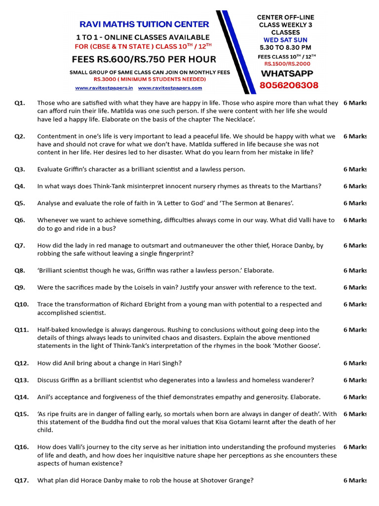10th Cbse English 6 Marks Questions | PDF