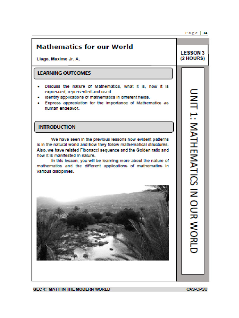 Unit 1 Lesson 3. Mathematics For Our World | PDF
