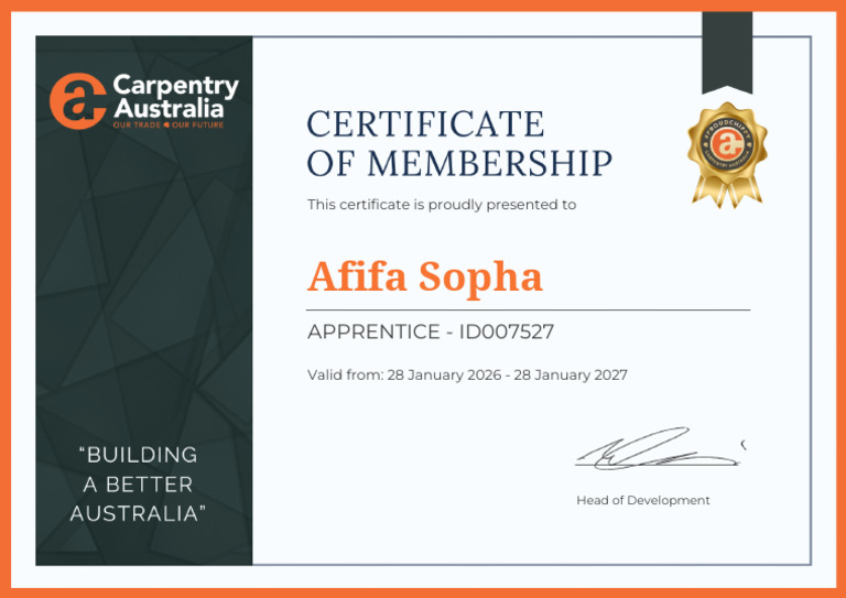 Afifa Sopha 959 Apprentice Certificate | PDF