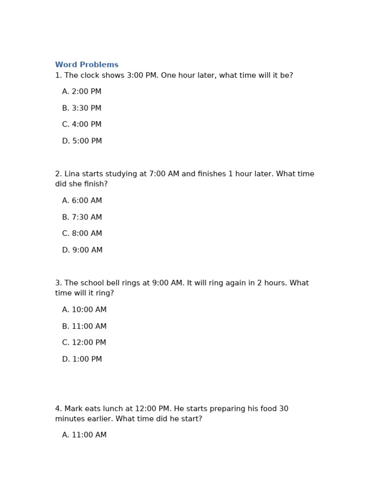 10 Telling Time Word Problems MCQ | PDF