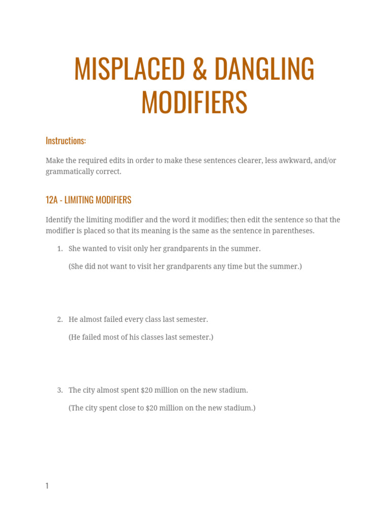 Misplaced and Dangling Modifiers - Worksheet | PDF | Syntax | Language ...