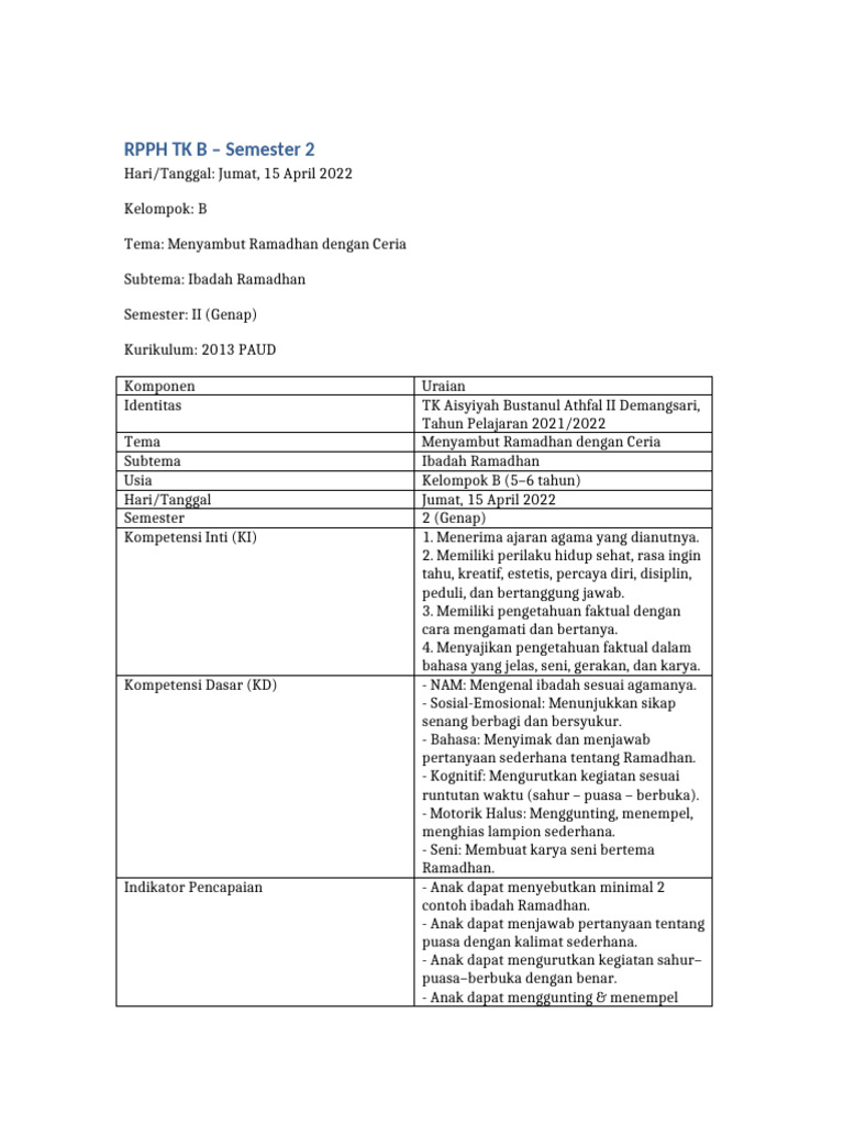 RPPH TK B Ramadhan Dengan Penilaian | PDF