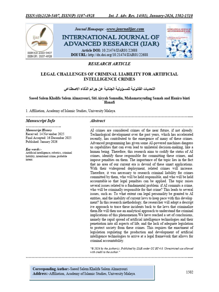 Legal Challenges of Criminal Liability For Artificial Intelligence ...
