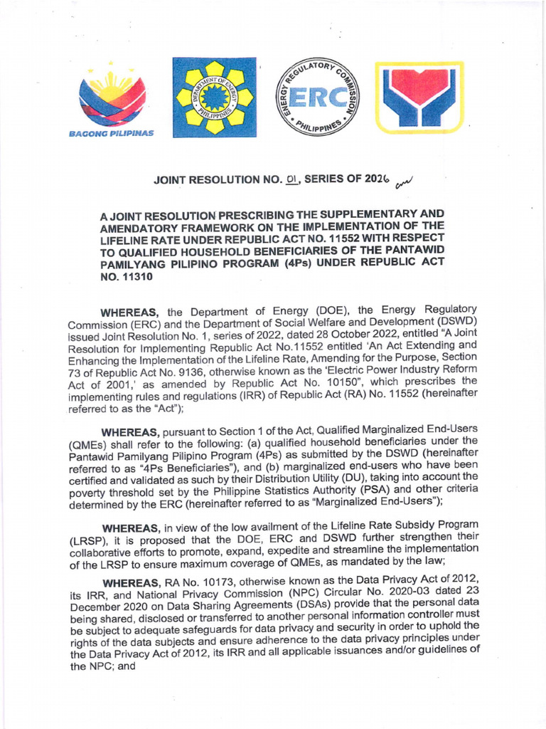 DOE-DSWD-ERC Joint Resolution No. 01 S. 2026 With Annex | PDF