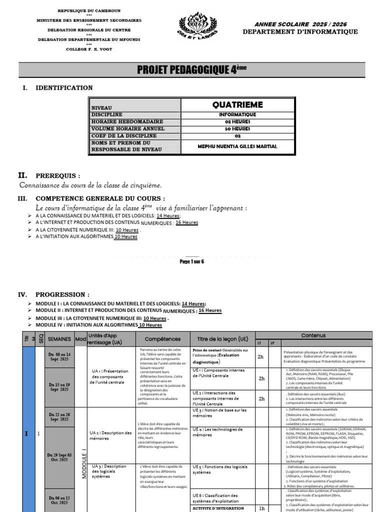 PROJET PEDAGO 4ème. 2026 | PDF | Mémoire (informatique) | Feuille de calcul
