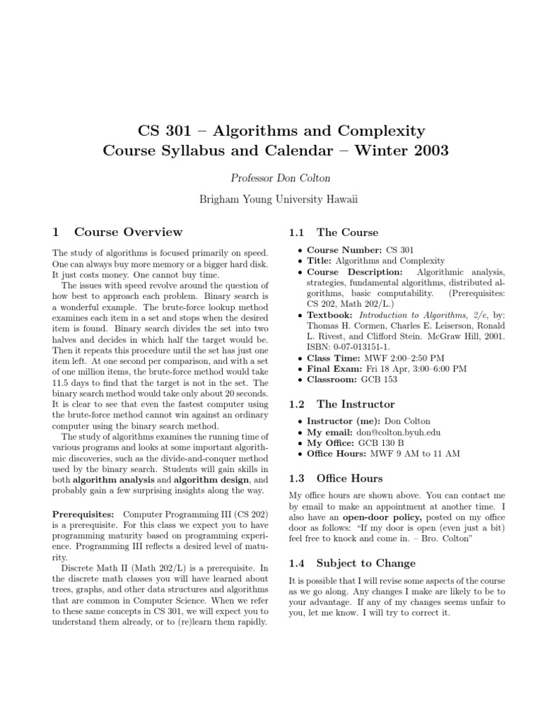 CS 301 Algorithms Course Syllabus | PDF | Algorithms | Algorithms And ...