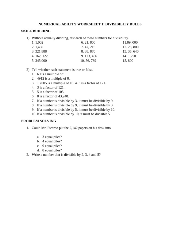 Numerical Ability Worksheet 7-1 | PDF | Subtraction | Prime Number