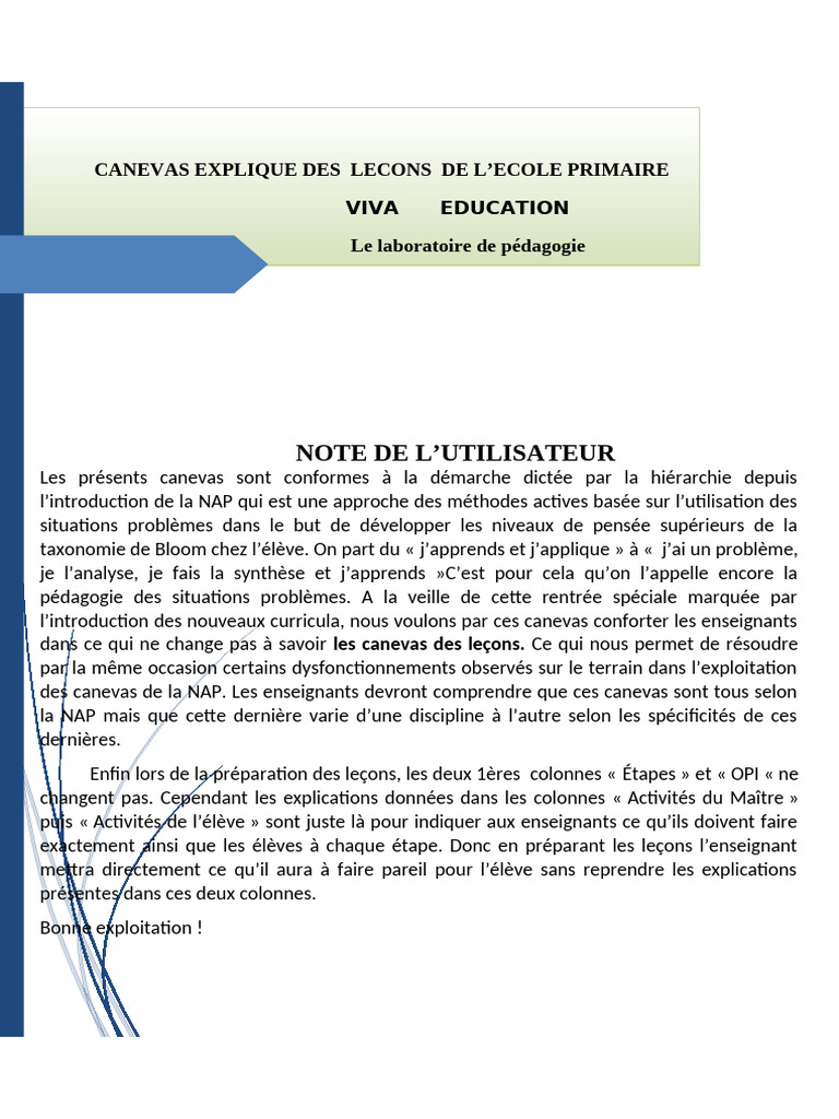 Canevas Expliqué Des Leçons Viva Education | PDF | Syllabe | Pédagogie