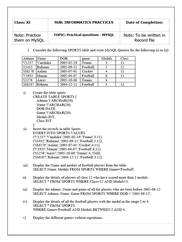 NewMySQL Class XI IP Practicals 1 | PDF | Computer Data | Computer ...