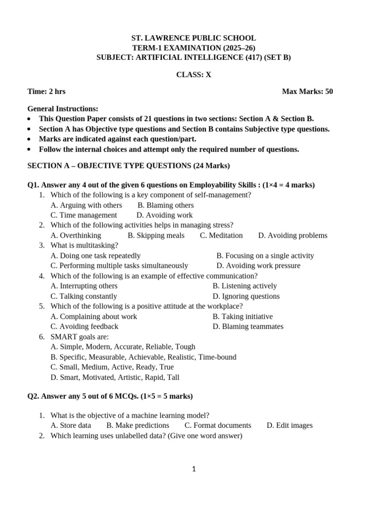 AI Class X Term1 Question Paper SET B (2025-26) | PDF | Artificial ...