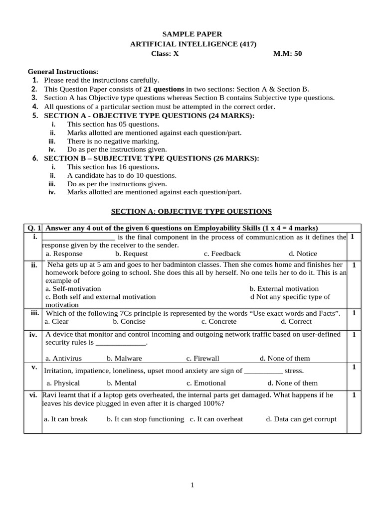 AI Class X Term-1 Sample Paper | PDF | Artificial Intelligence ...