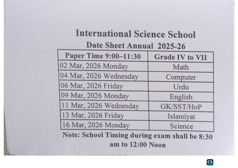 Date Sheet For Final Term Examination | PDF