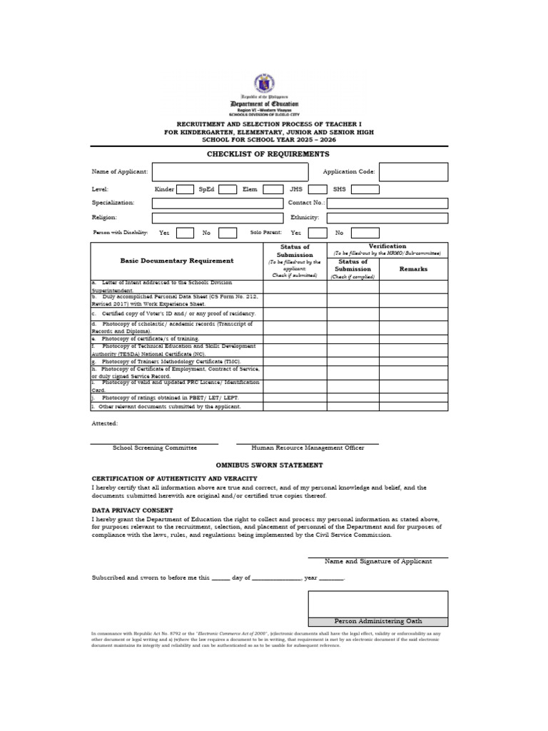 2026 Teacher I - Checklist of Requirements | PDF | Identity Document