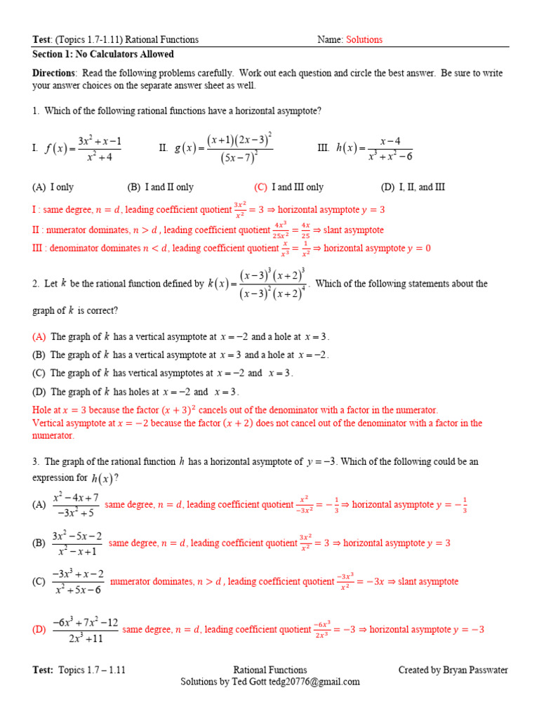 Topics KEY 1 7-1-11 Rational Functions | PDF | Asymptote | Elementary ...