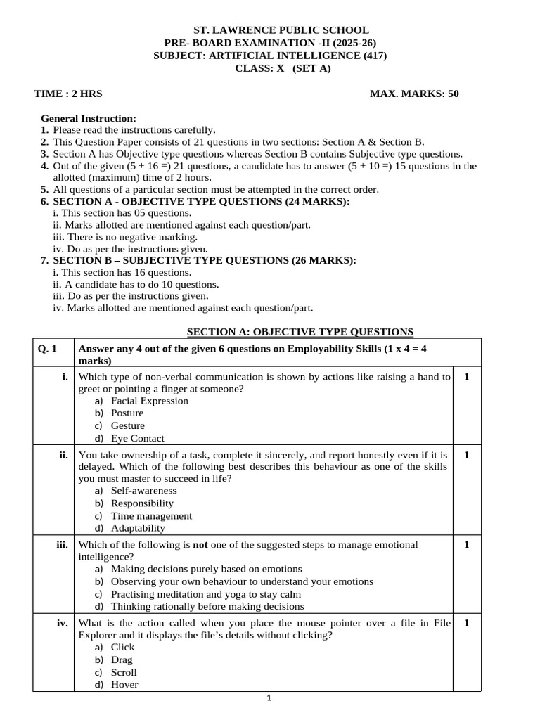Class X PB 2 Ai Set A Qpaper | PDF | Artificial Intelligence ...