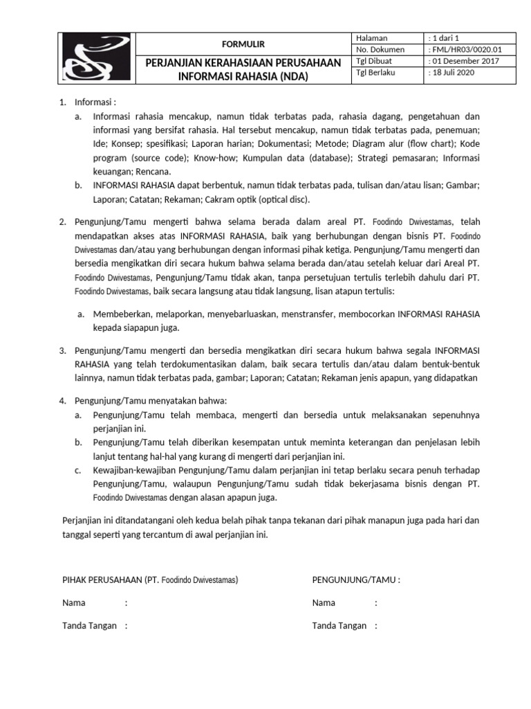 FML - hr03.0020.01 Perjanjian Kerahasiaan Perusahaan Informasi Rahasia ...