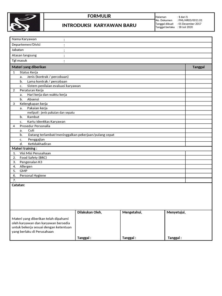 FML - hr03.0011.01 Form Introduksi Karyawan Baru | PDF