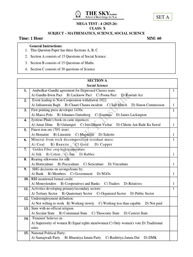 10 SC Mega Test 28.1.26 | PDF | Circle | Sodium