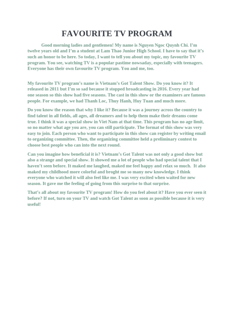 Topic 5 - Favourite TV Program | PDF