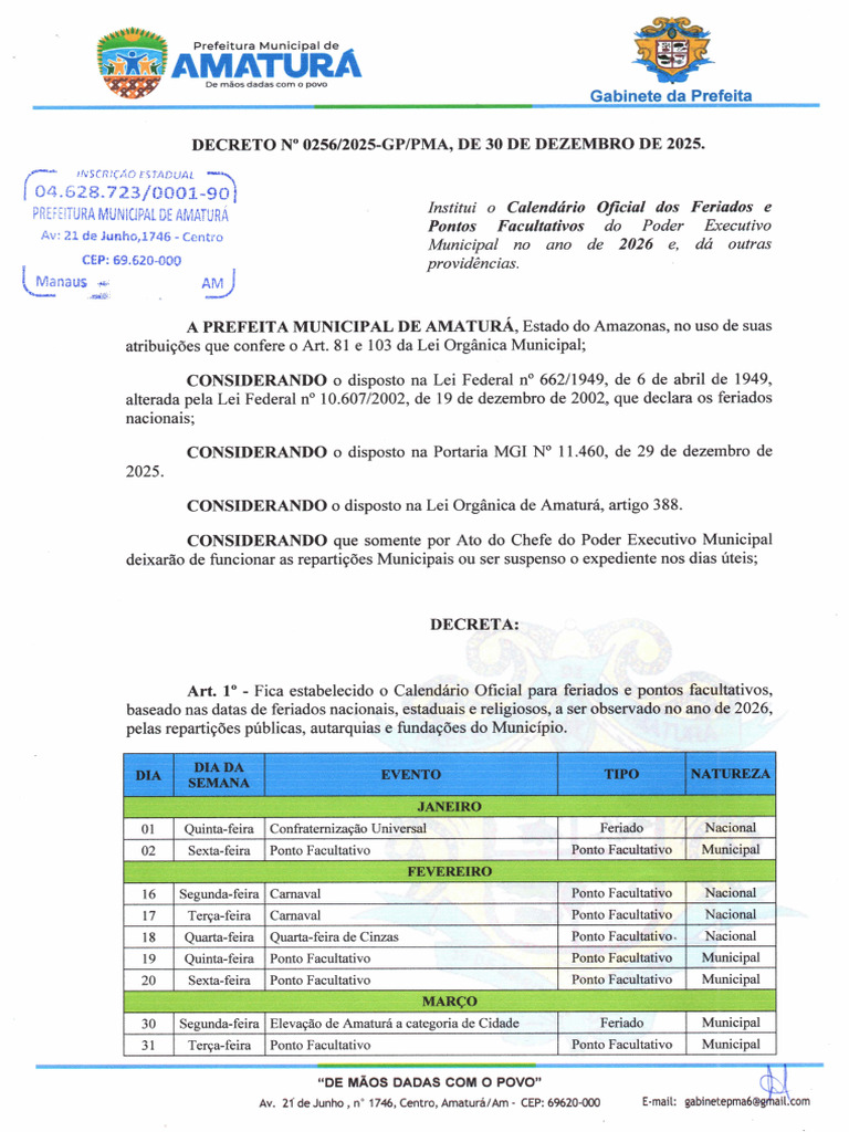 Calendário Oficial Dos Feriados e Pontos Facultativos 2026 | PDF