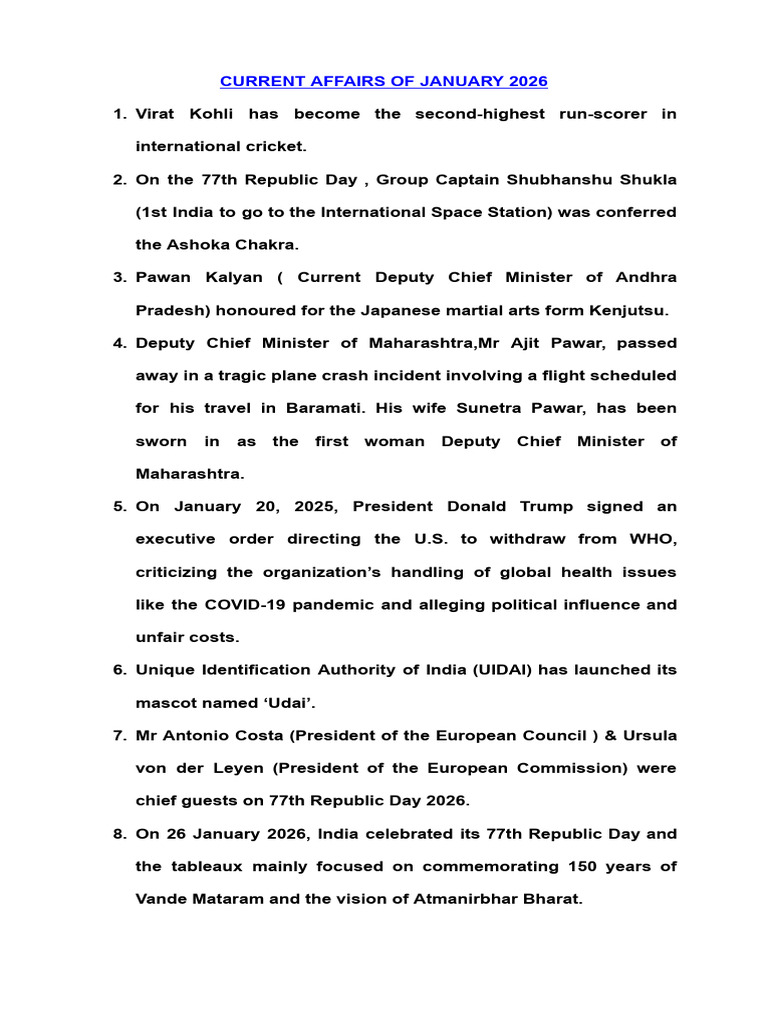 Current Affairs of January 2026 | PDF | Politics Of India | Bharatiya ...