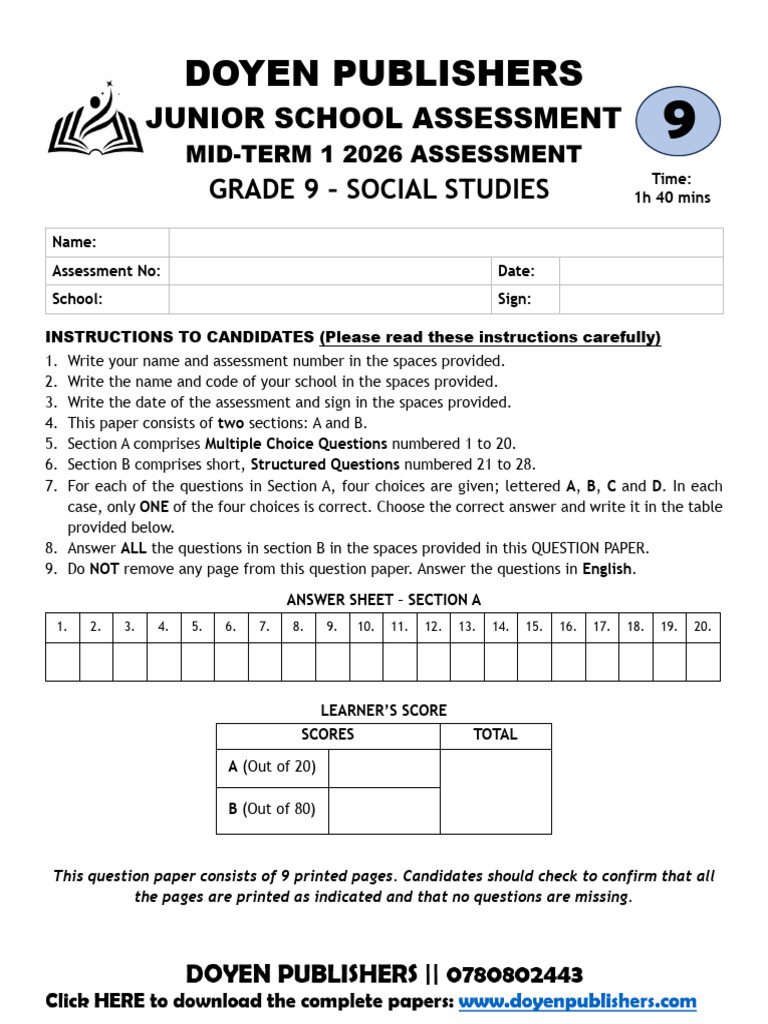 Grade 9 Social Studies Mid-Term I 2026 Assessment | PDF