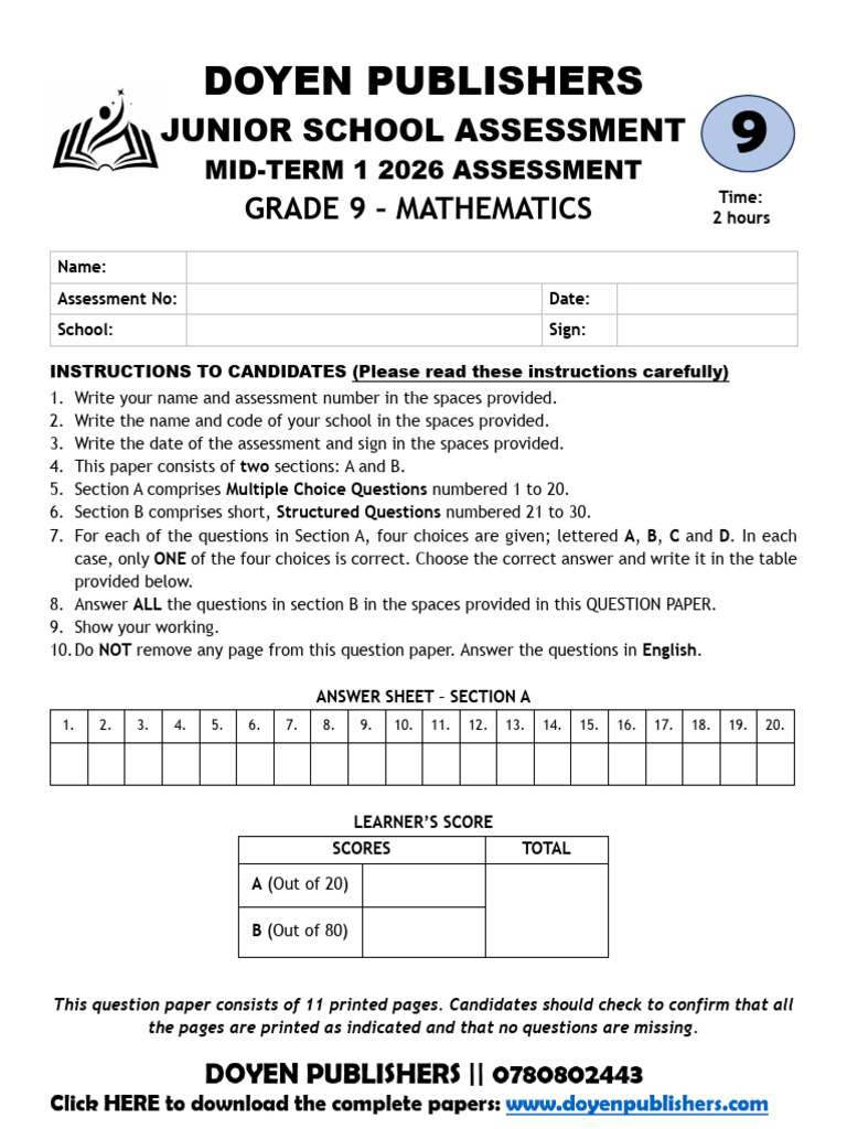 Grade 9 Mathematics Mid-Term I 2026 Assessment | PDF | Multiple Choice ...