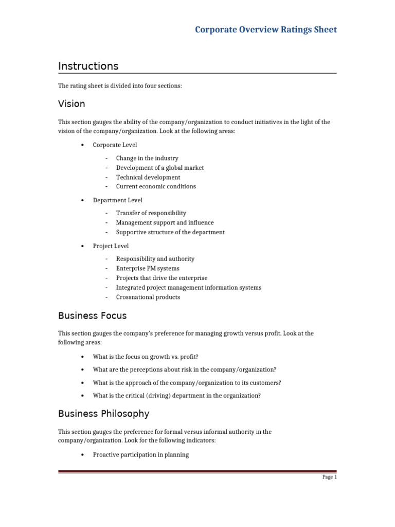 Corporate Overview Rating Sheet | PDF | Business | Business Economics