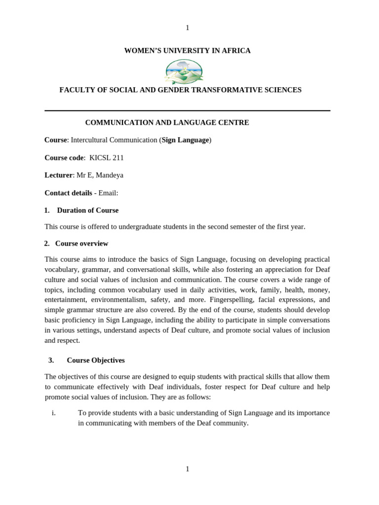 KICS1211 Sign Language Course Outline | PDF | Sign Language | Linguistics