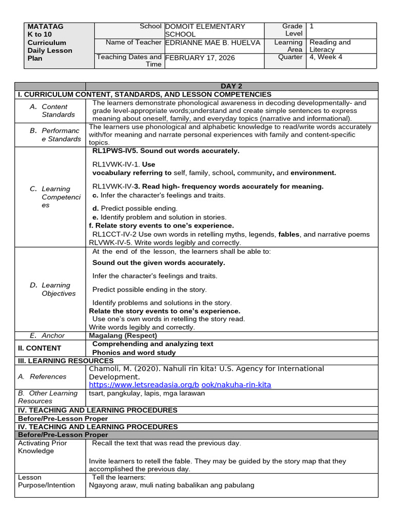 q4 - Week 4 Reading and Lit Day 2 | PDF | Applied Linguistics | Learning