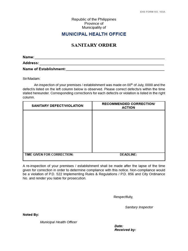 Sanitary Order Sample | PDF