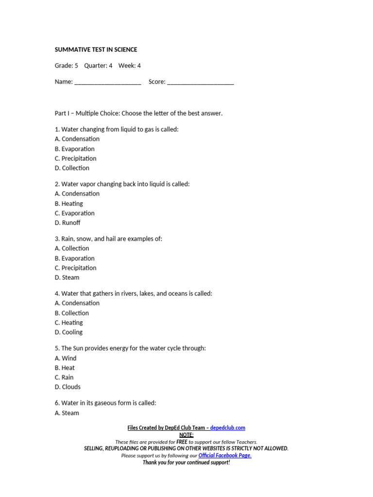 DTC - Summ - Test Science 5 q4 w4 | PDF | Water | Water Cycle