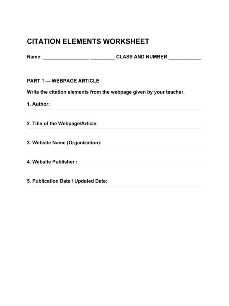 Web Sources Citation Elements Worksheet | PDF