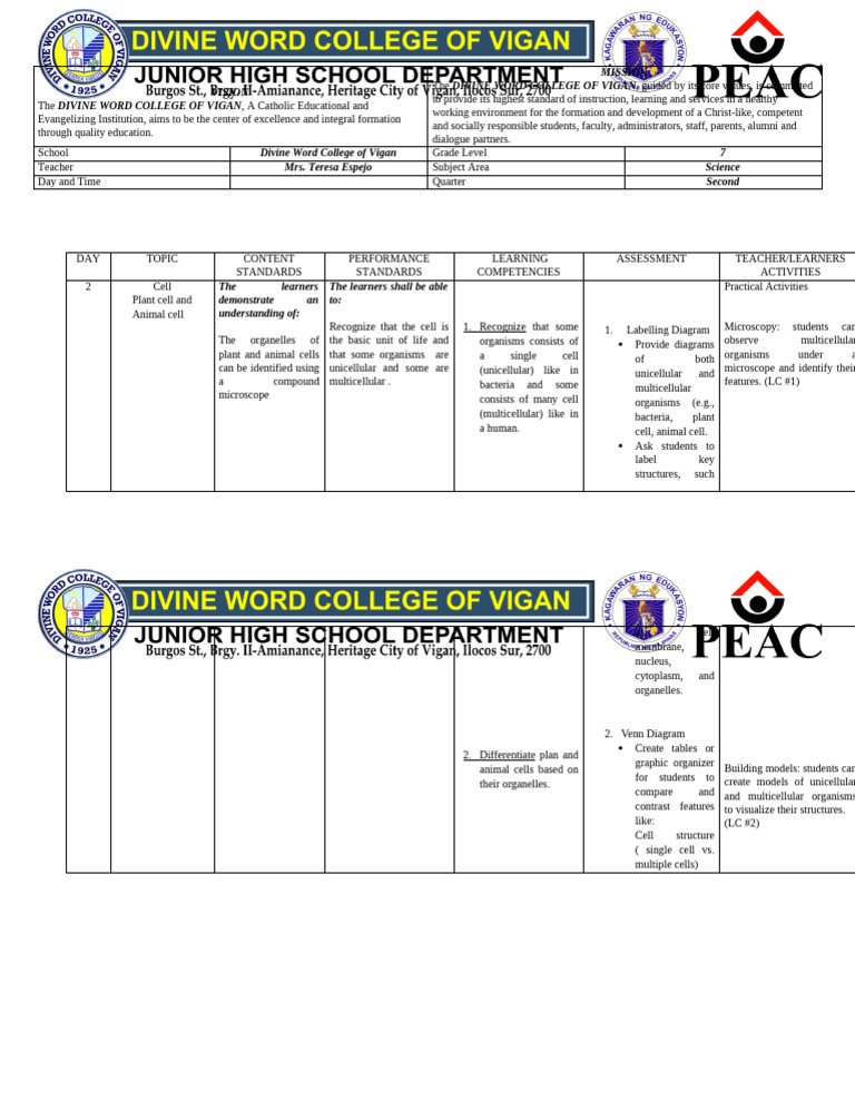 Sample DLL Template JHS | PDF | Cell (Biology) | Organelle