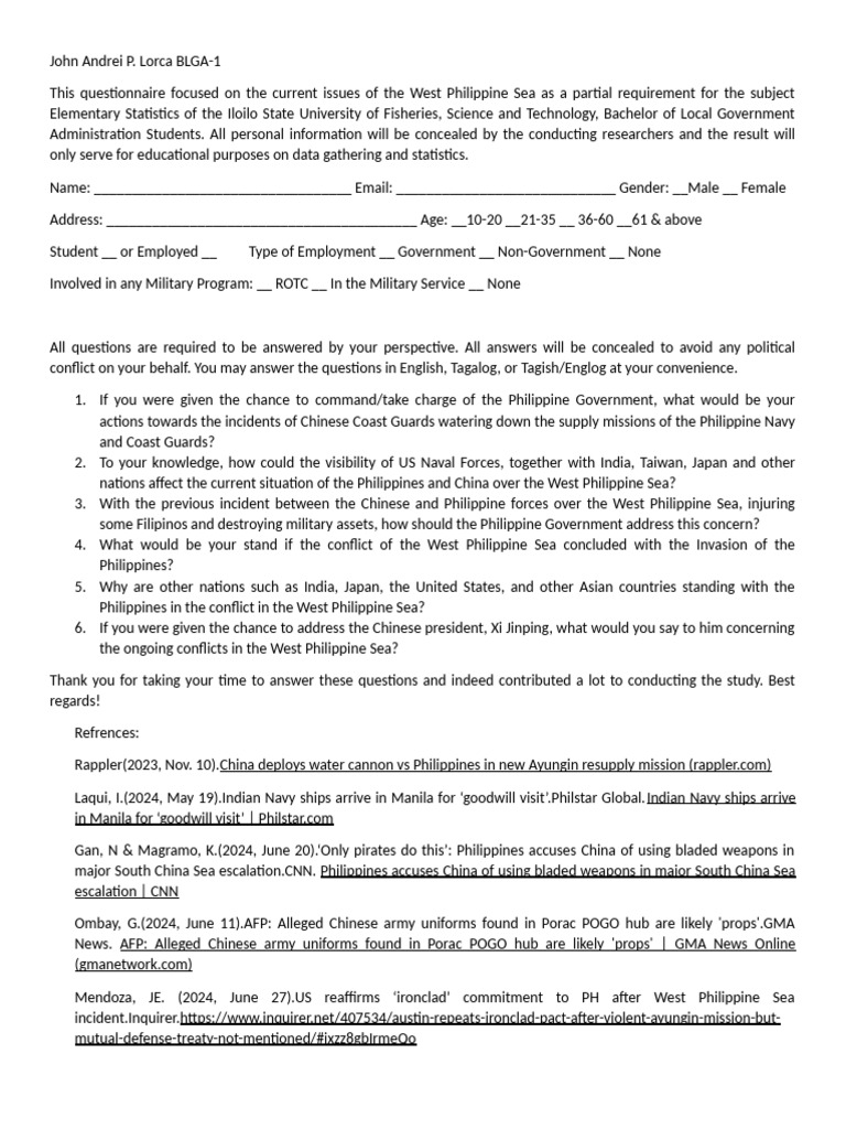 Questionnaire | PDF | Philippines | South China Sea