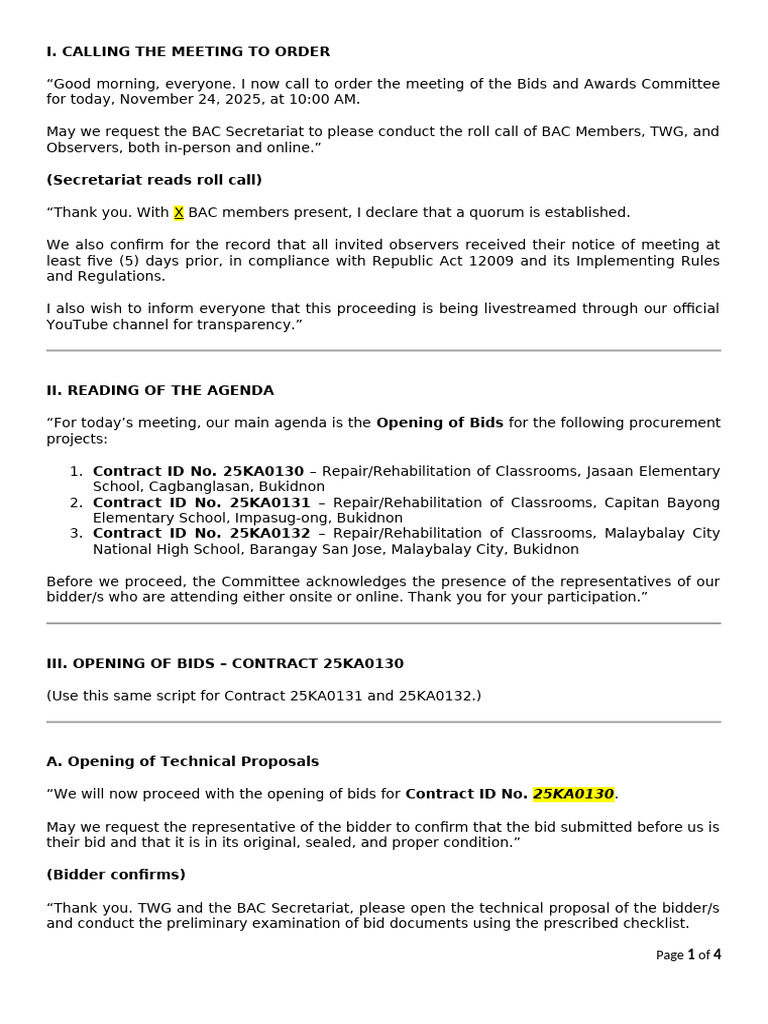 Bid Opening Script - 11!22!2025 | PDF