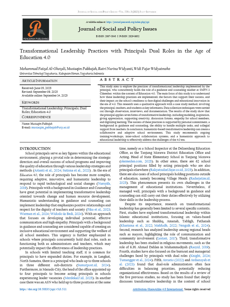 Transformational Leadership Practices With Principals Dual Roles in The ...