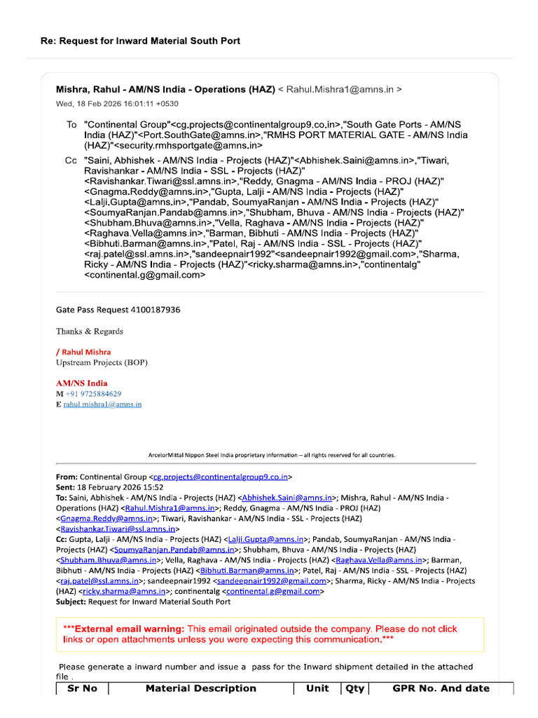 Request For Inward Material South Port 18 | PDF