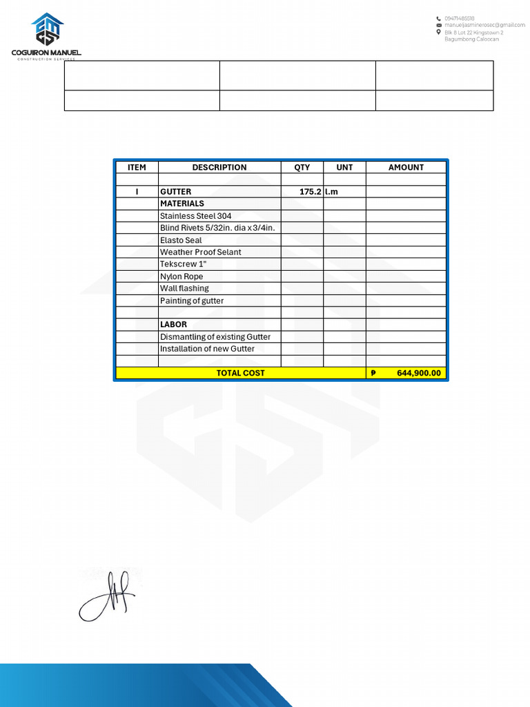 Quotation For Proposed Repair of Gutter | PDF