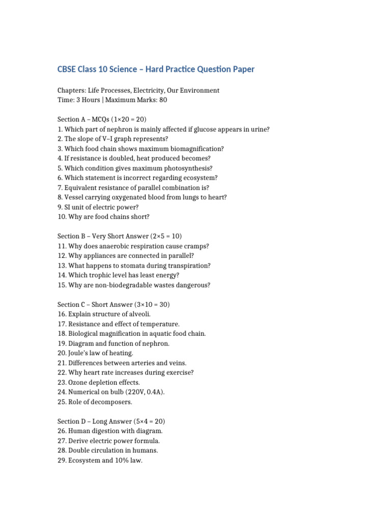 Class 10 Science Hard Practice Paper | PDF