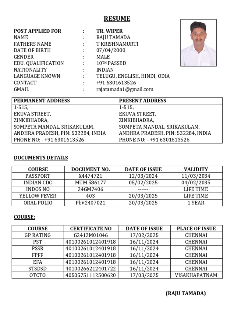 Sea Man New Resume Raju-1 | PDF
