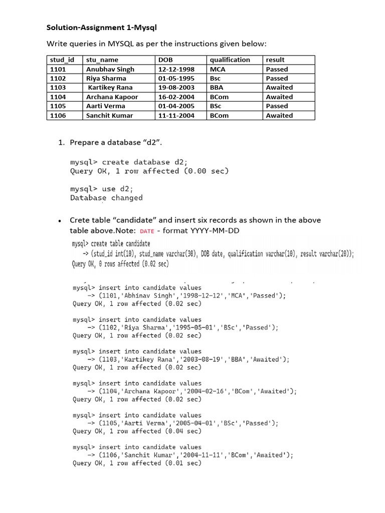 Solution Assignment 1 Mysql | PDF